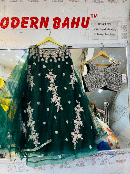 Green Crop Top Lehenga with Handwork & Printed Detailing