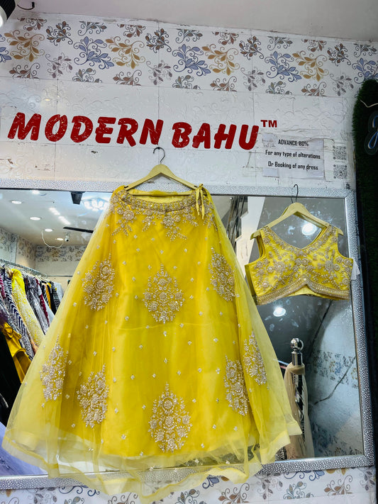 Haldi Yellow Mirror Work Lehenga