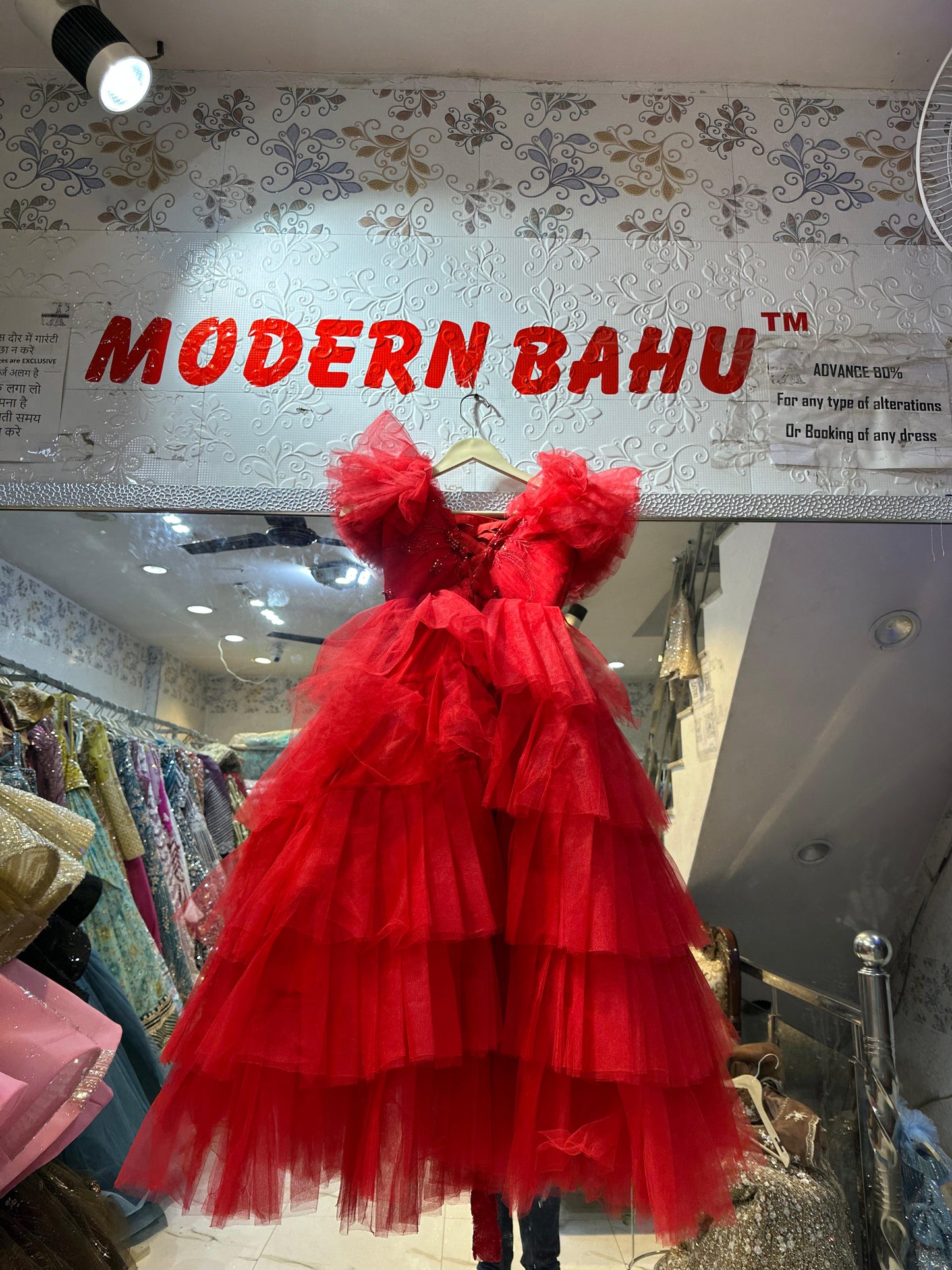 Vibrant Red Multi-Tiered Ruffled Ball Gown with Oversized 3D Flower | Designer Party Wear
