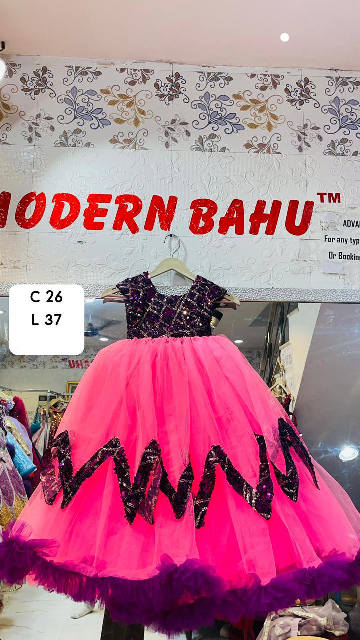 Electrifying Hot Pink & Purple Sequin Ball Gown with Zig-Zag Pattern & Ruffled Hem – Statement Party Wear for Girls