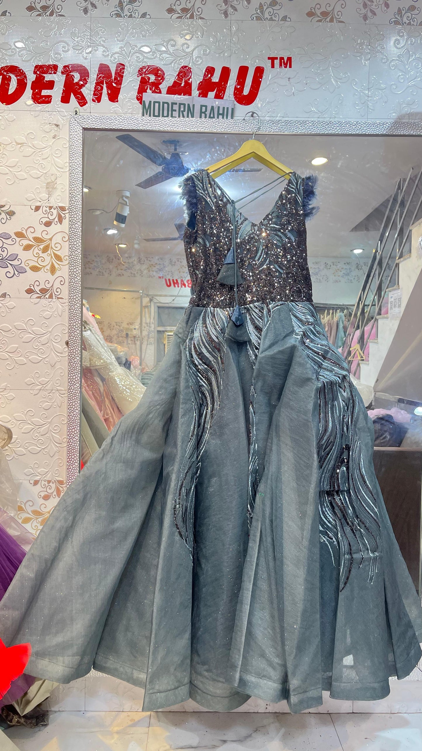 Steel Grey & Copper Sequin Ball Gown | Designer Feather Shoulder Party Dress with Wavy Embroidery