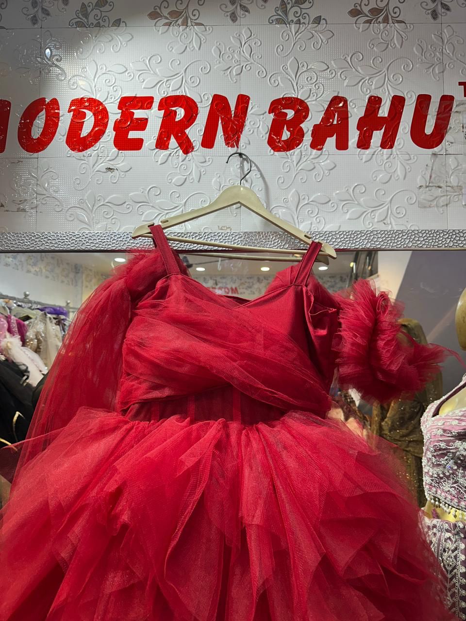 Crimson Red Ruffled Tulle Ball Gown with Wrapped Bodice & Cold-Shoulder Sleeves | Luxury Voluminous Evening Dress