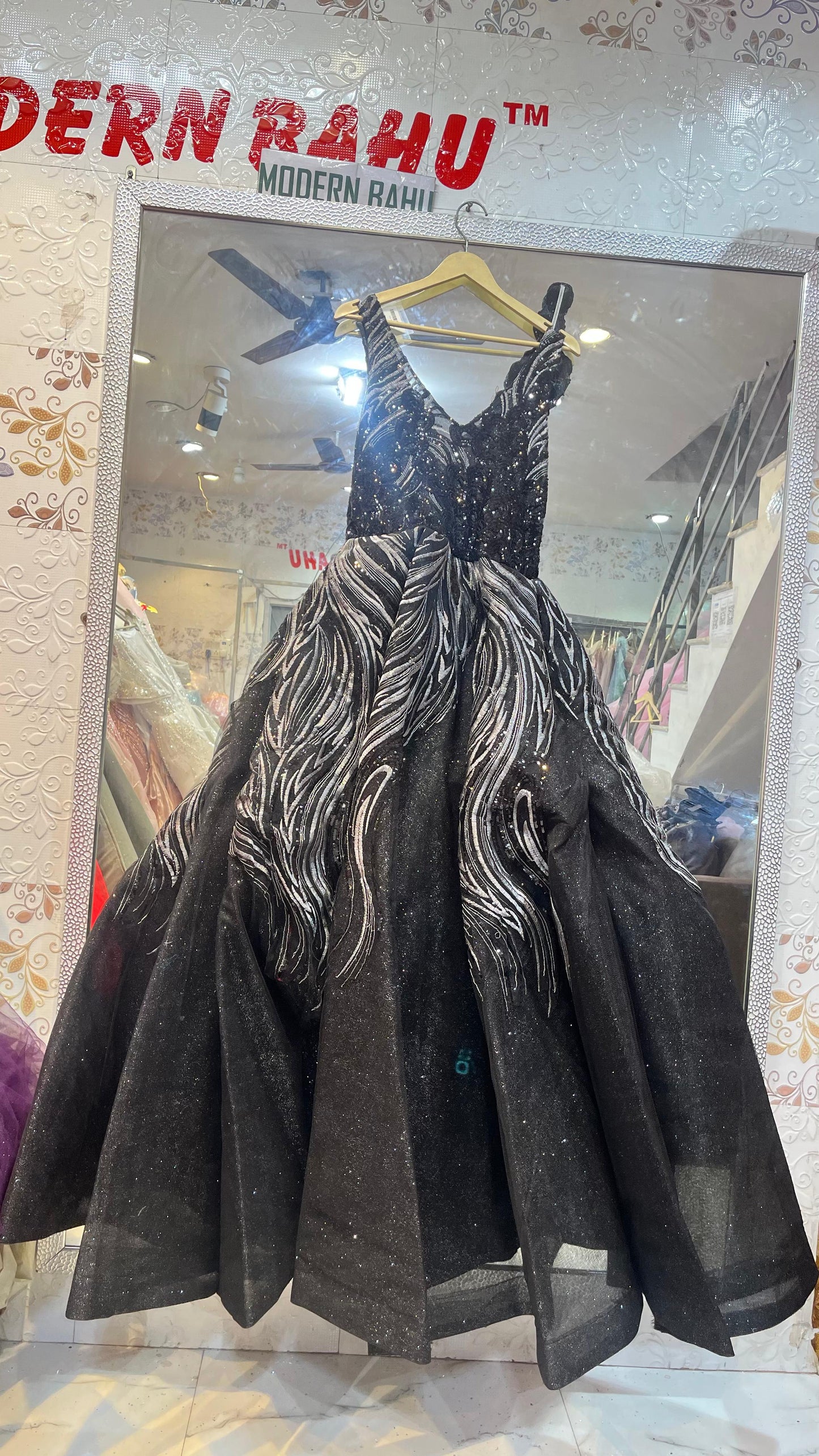 Black & Silver Abstract Sequin Ball Gown | Designer Ruffled Shoulder Evening Dress with Wavy Embroidery