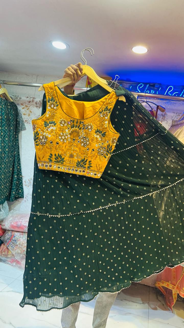 Dark Green Tiered Georgette Lehenga with Yellow Mirror Work Blouse