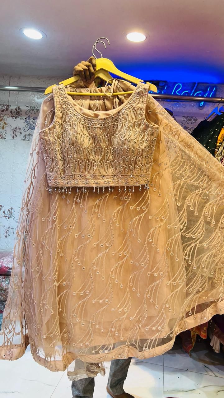 Peach Soft Net Lehenga Choli with Sequin Scroll Work & Beaded Blouse