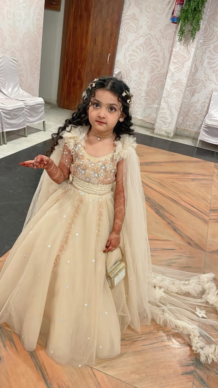 Angelic Cream Tulle Princess Gown with Sequin Bodice & Trailing Cape Sleeves – Luxury Kids Couture
