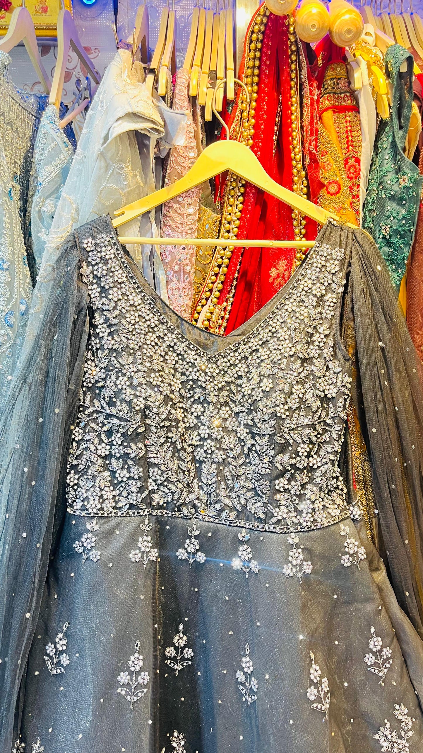 Luxurious Charcoal Grey Ball Gown with Heavy Crystal Embroidery & Sheer Draped Sleeves – Red Carpet Evening Wear