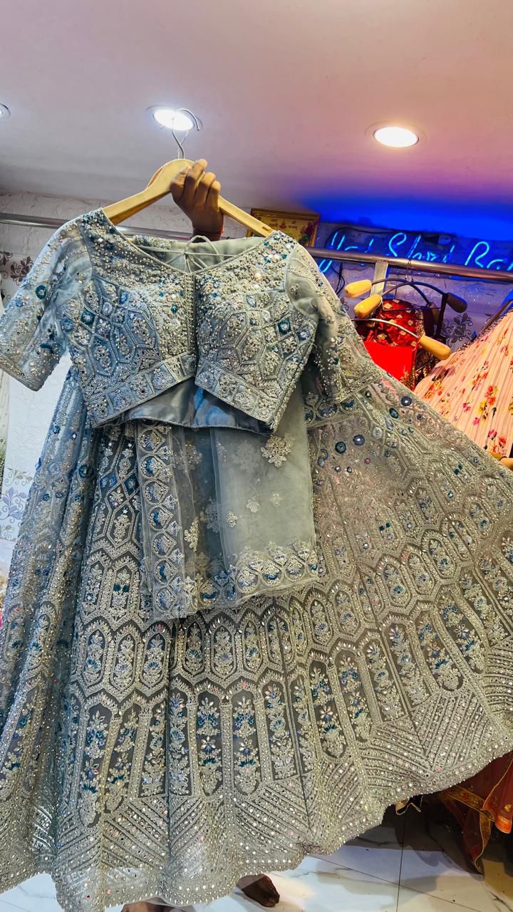 Ice Blue Net Lehenga Choli with Heavy Silver Zari & Stone Work