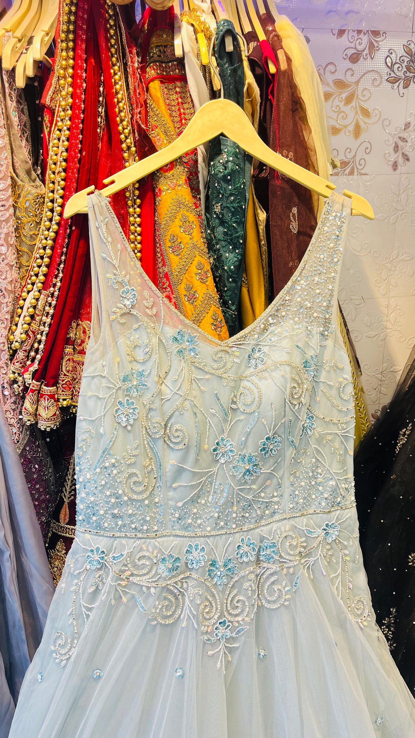 Dreamy Icy Blue Tulle Ball Gown with Pearl & Floral Vine Embroidery – Romantic Evening Wear