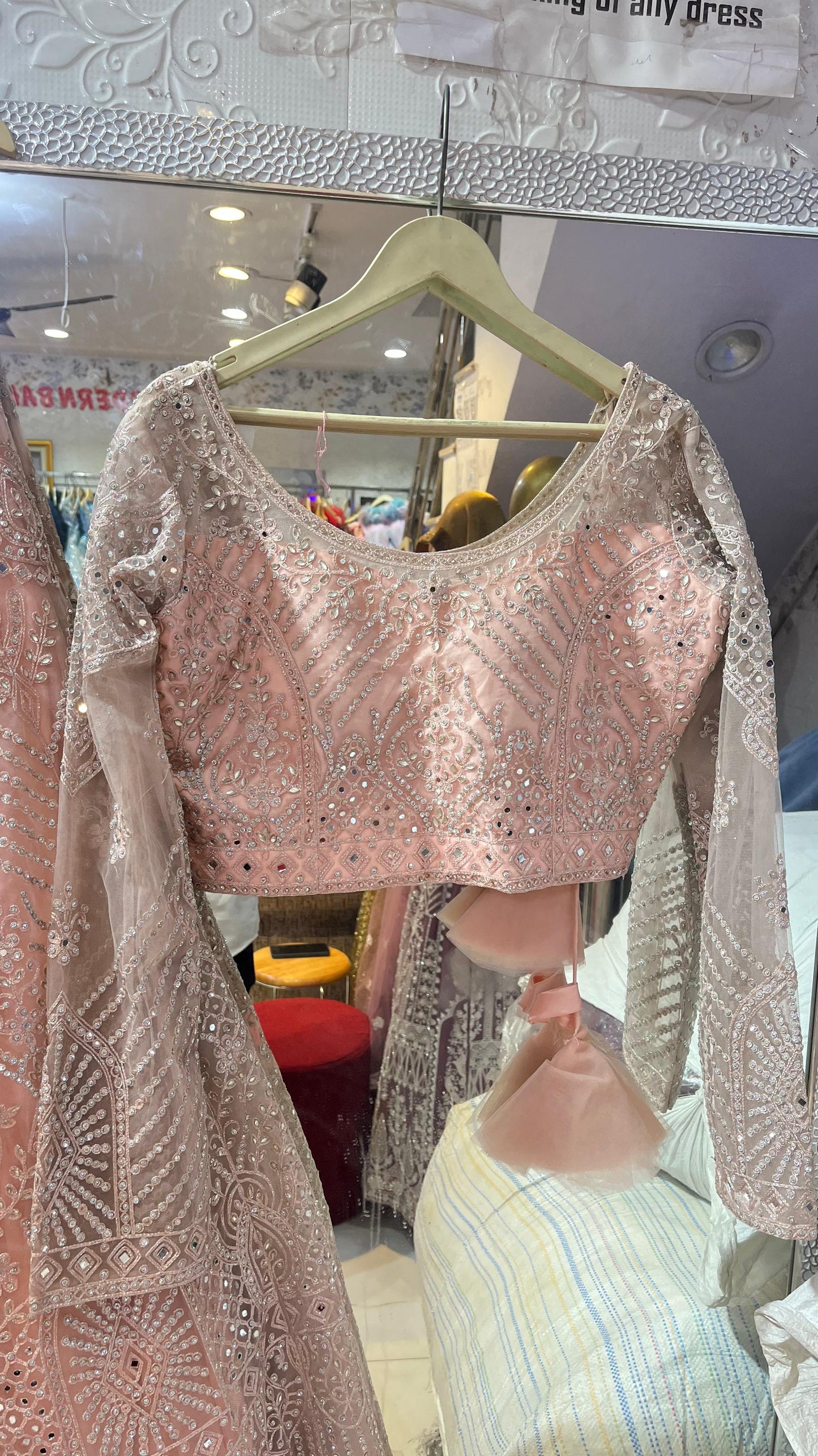 Peach Mirror Work Net Lehenga Choli | Long Sleeve Silver Embroidered Designer Party Wear