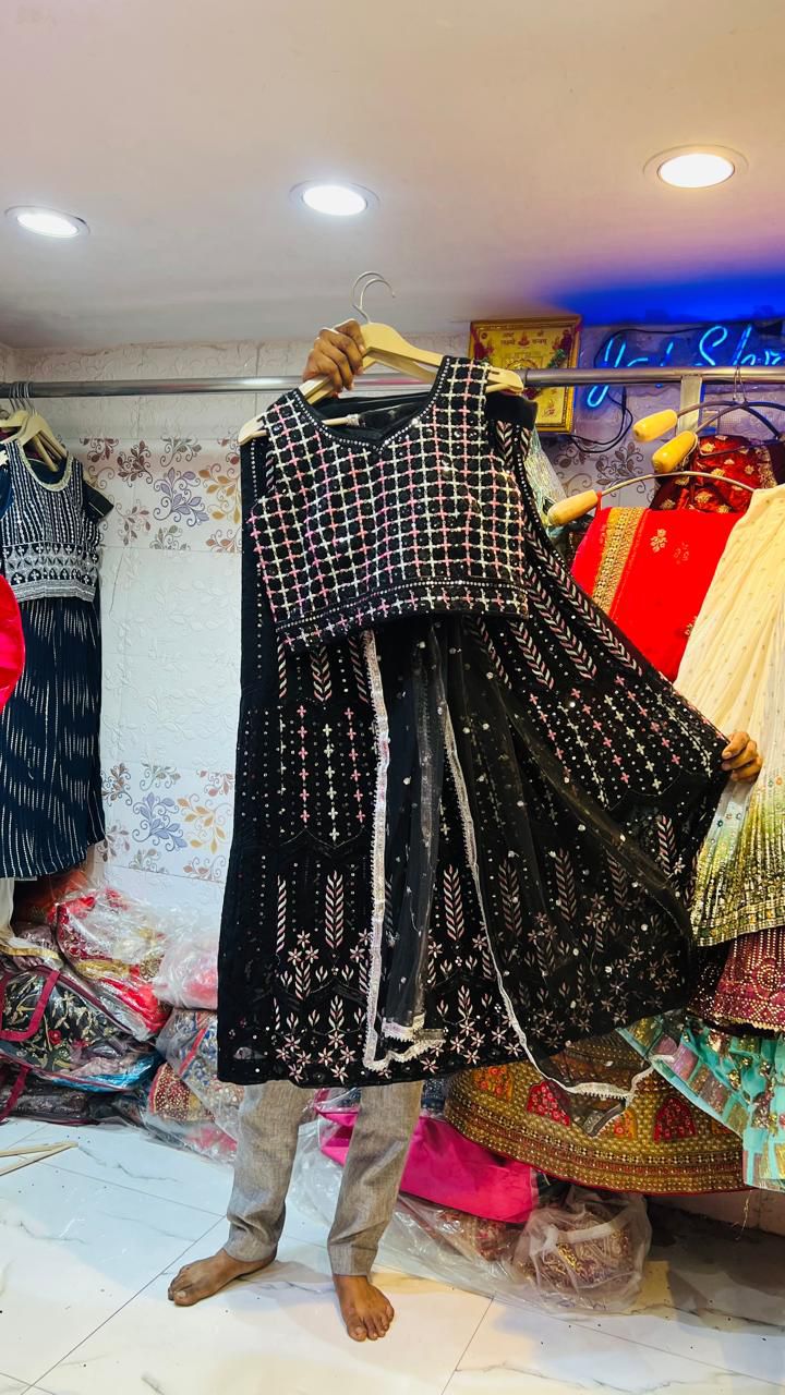 Black Georgette Lehenga Choli with Geometric Blouse & Pink Thread Embroidery