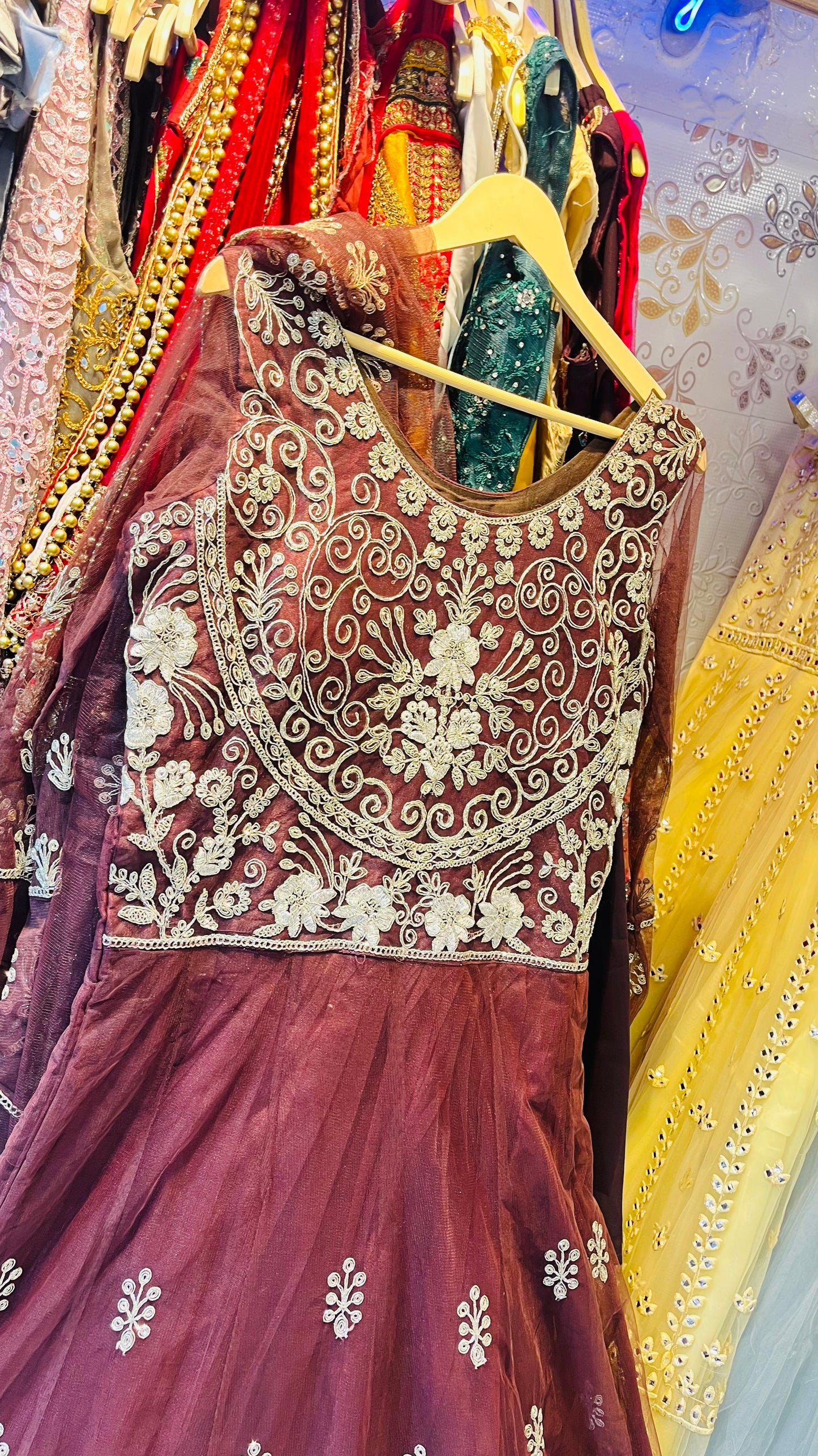 Regal Maroon Tulle Anarkali Gown with Tiered Ruffle Sleeves & Heavy Silver Embroidery – Ethnic Party Wear