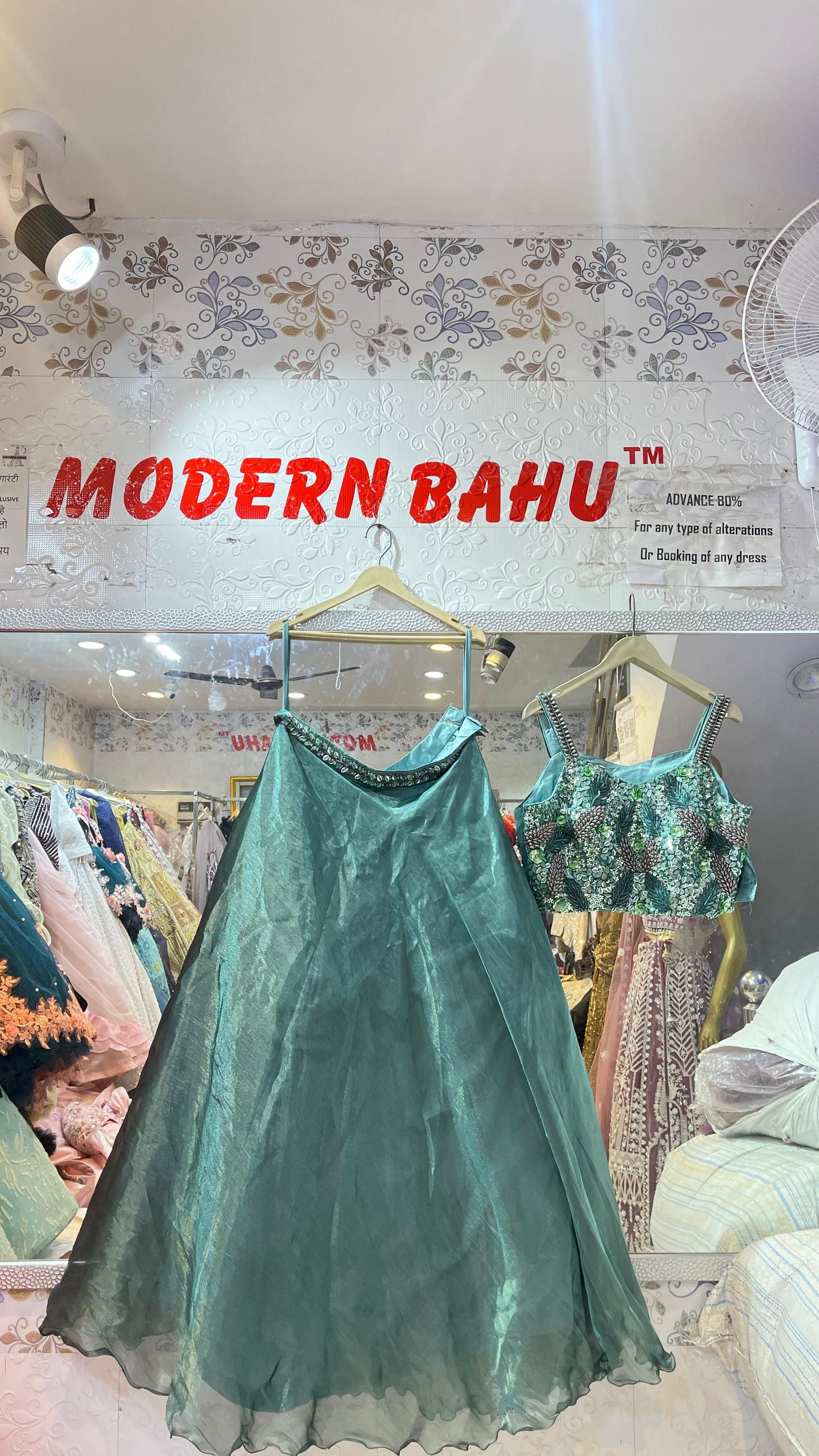 Teal Green Shimmer Lehenga Choli | Hand Embroidered Leaf Pattern Blouse with Ruffle Drape