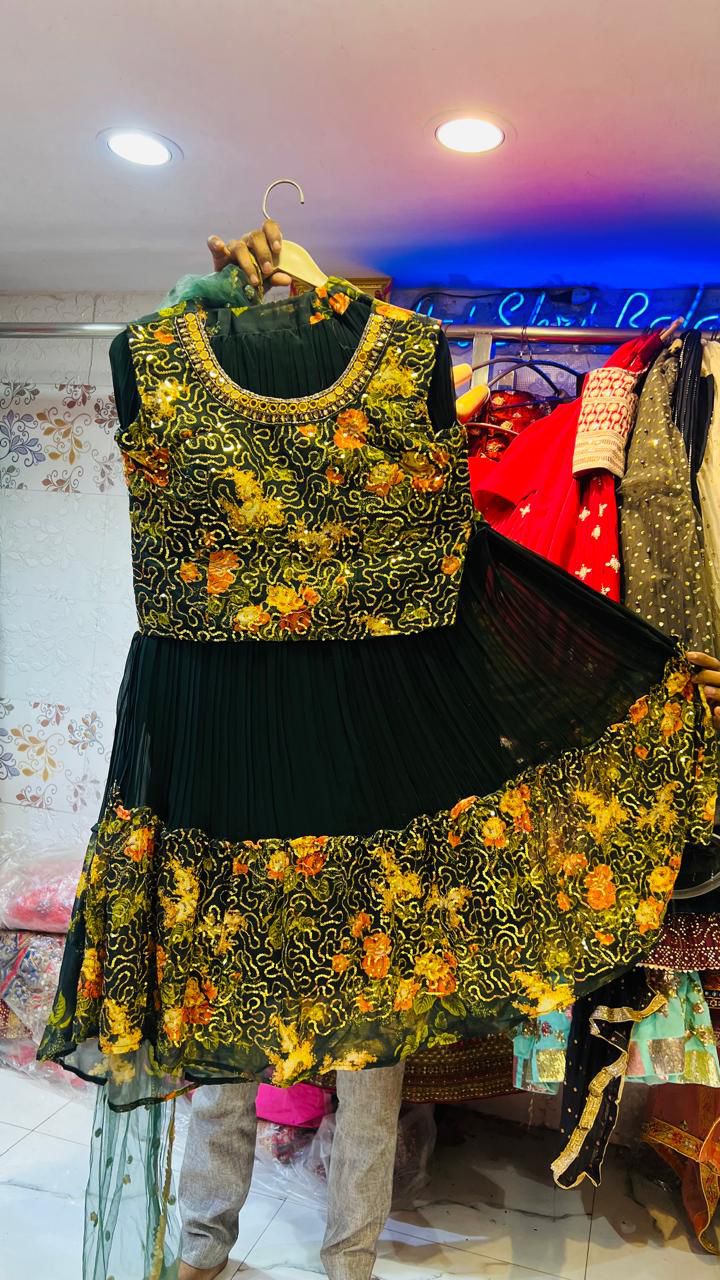 Dark Green Georgette Lehenga Choli with Heavy Floral Embroidery & Pleated Skirt