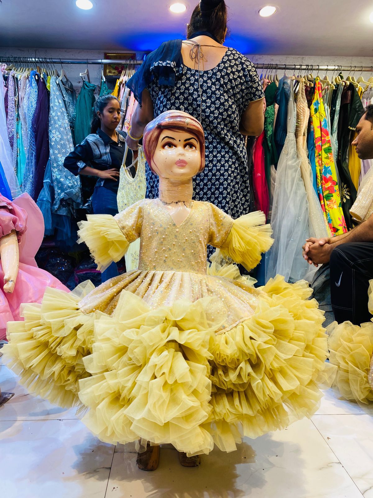 Sparkling Gold & Yellow Ruffled Tulle Kids Ball Gown with Sequin Bodice – Extra Voluminous Birthday Party Wear