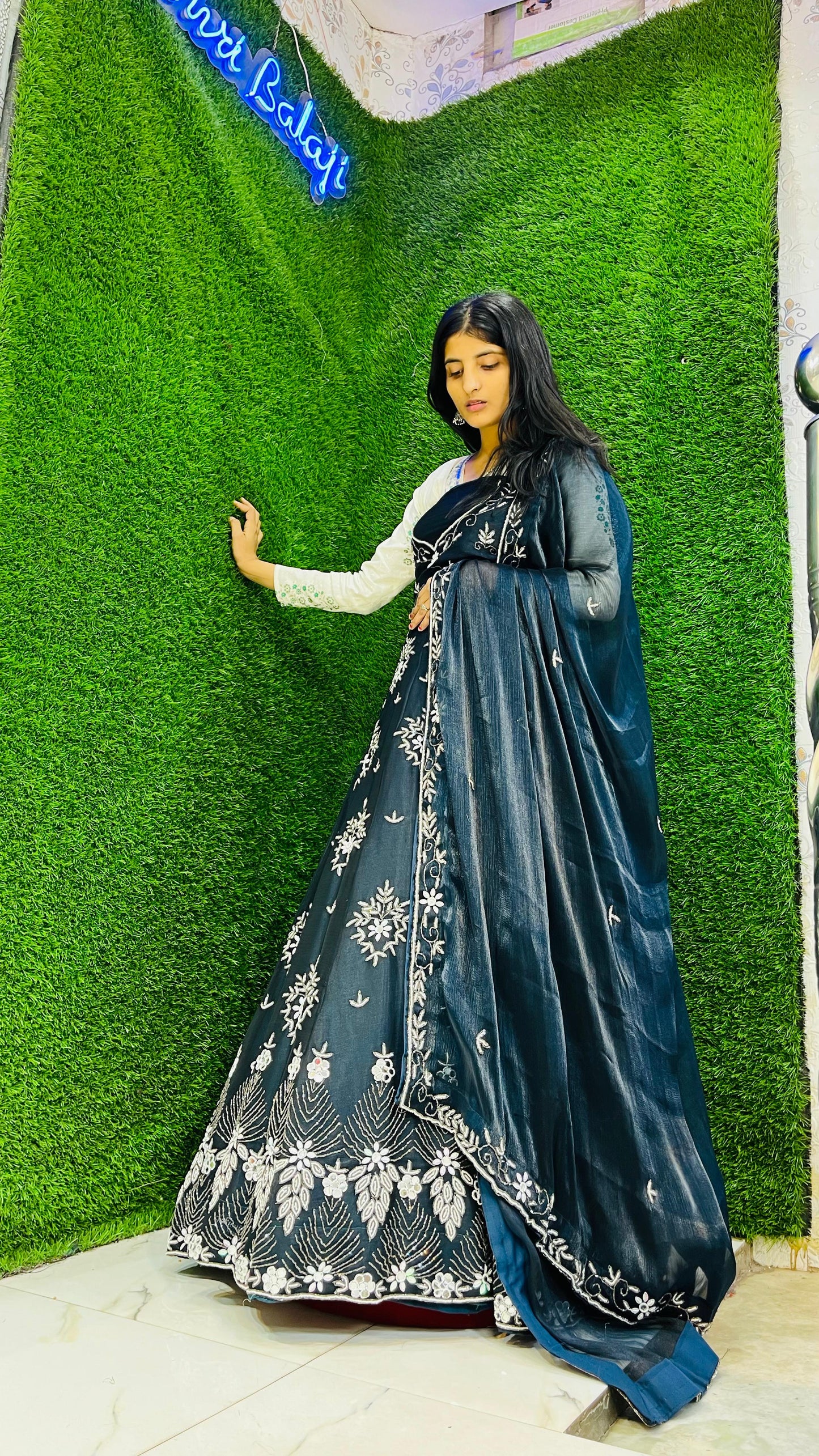 Emerald Elegance – Semi-Stitched Lehenga with Handwork