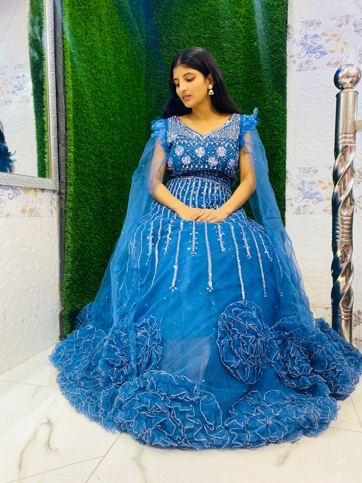 Ocean Luxe – Frill Gown in Peacock Blue with Beads & Stones