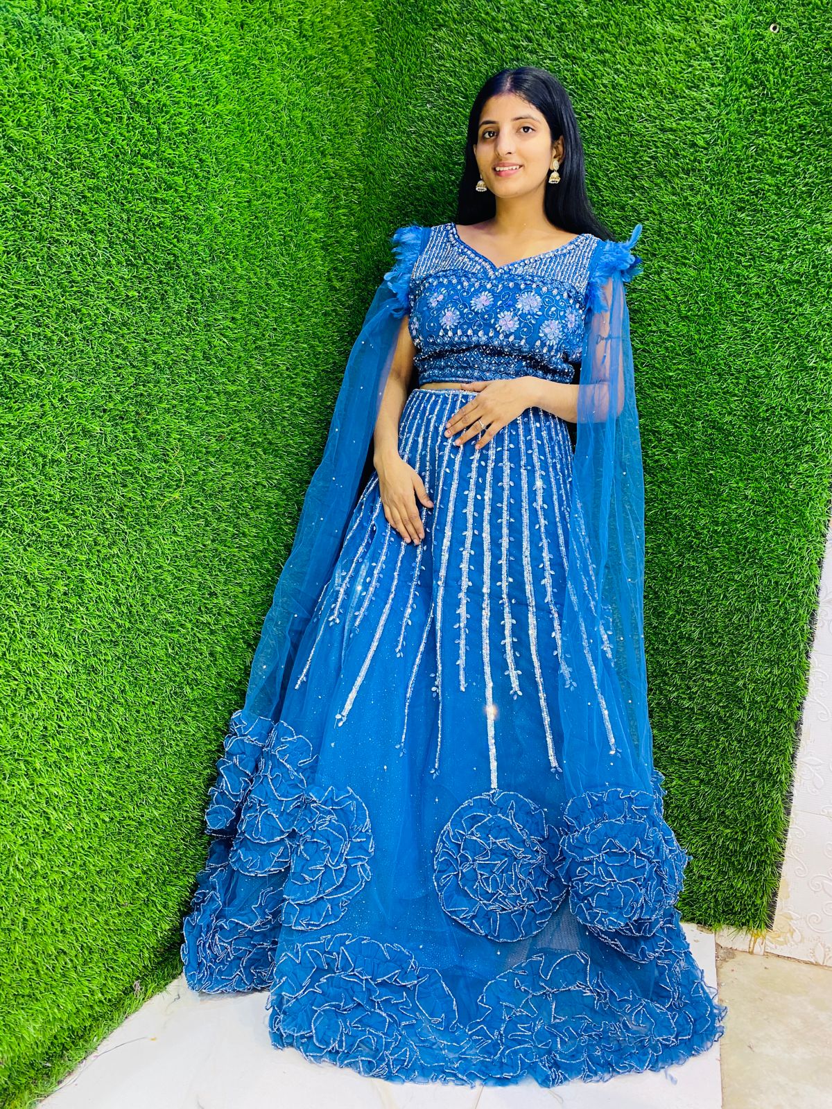 Ocean Luxe – Frill Gown in Peacock Blue with Beads & Stones