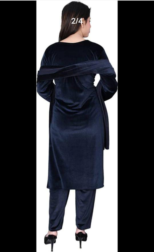 Winter Party Wear - Royal Navy Blue Velvet Kurta Pant Set with Crystal Floral Work.