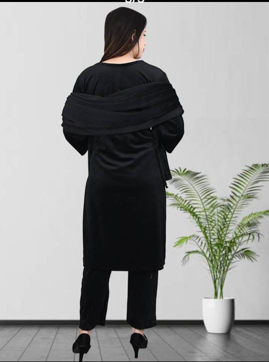 Winter Party Wear - Classic Black Velvet Finish Kurta Pant Set with Geometric Stone Work & Dupatta