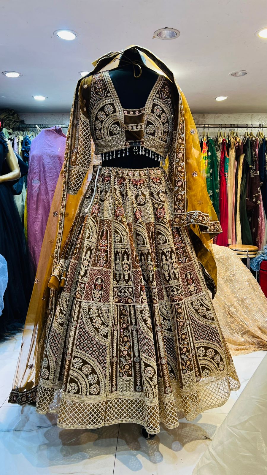 Luxurious Coffee Brown, Gold Bridal Lehenga Choli with Heavy Zari & Sequin Embroidery