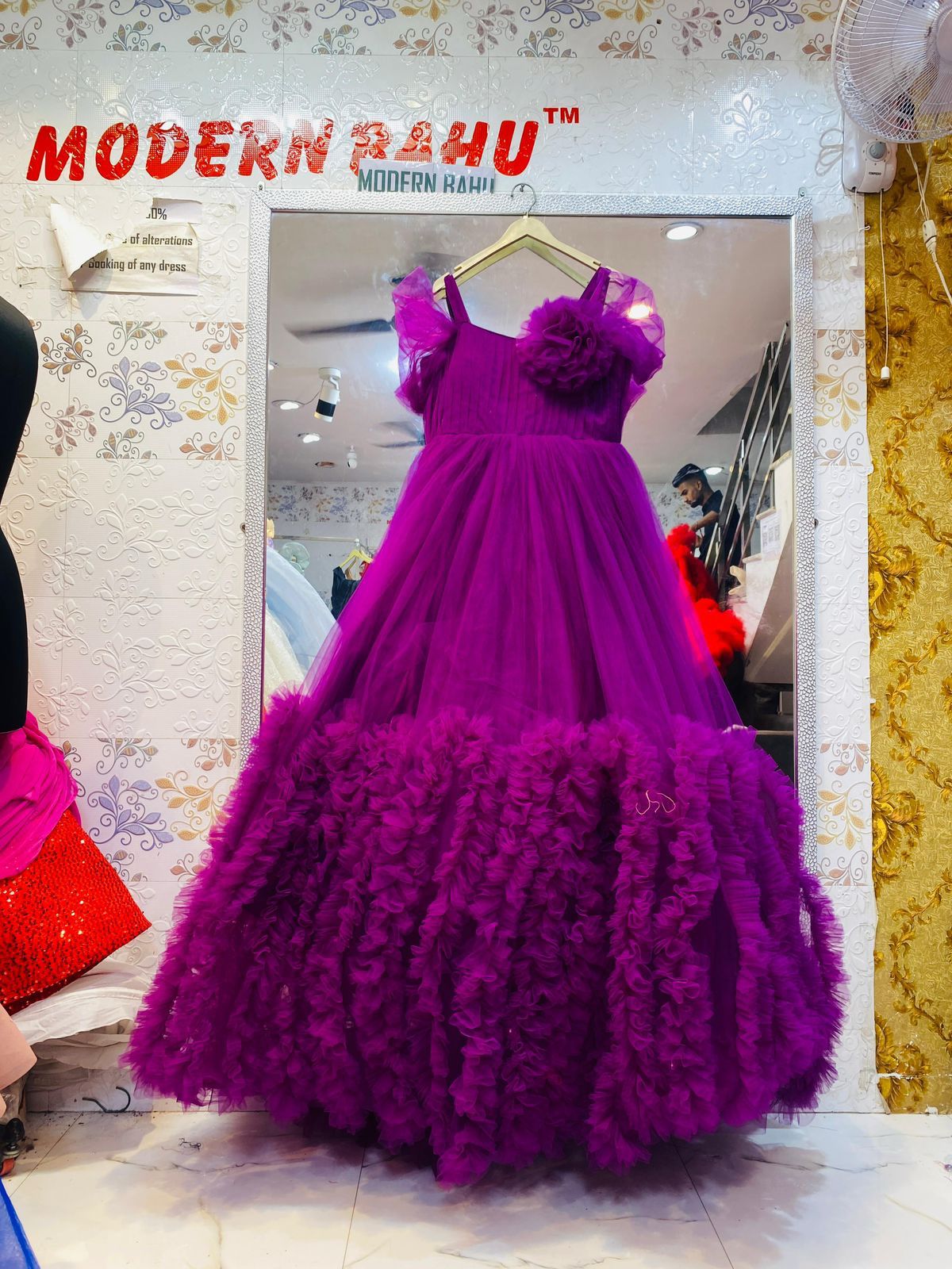 Majestic Purple Ruffled Ball Gown with 3D Floral Shoulder Accent – Party Wear