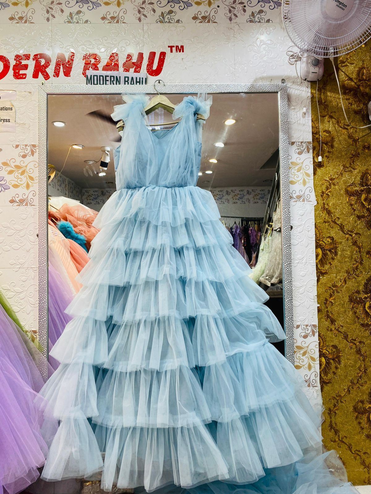Dreamy Sky Blue Tiered Ruffle Ball Gown with V-Neck Bodice – Party Wear