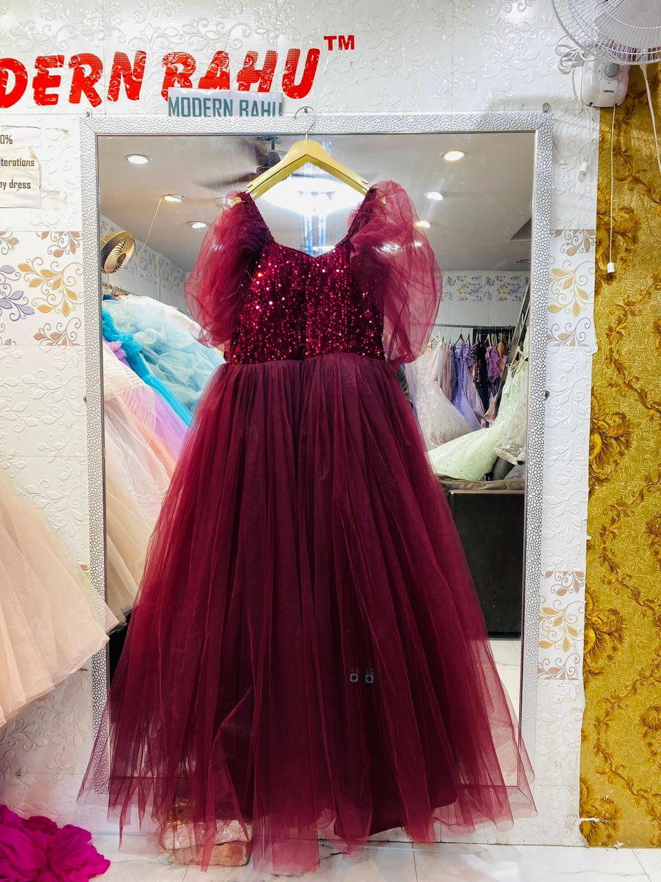 Enchanting Wine Red Sequin & Tulle Ball Gown with Sheer Puff Sleeves – Party Wear