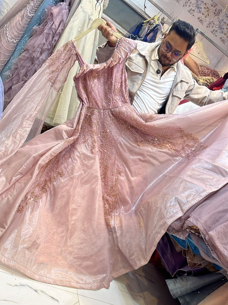 Blush Pink Shimmer Gown with Cape Sleeves & Gold Sequin Embroidery - Luxury Party Wear Evening Dress