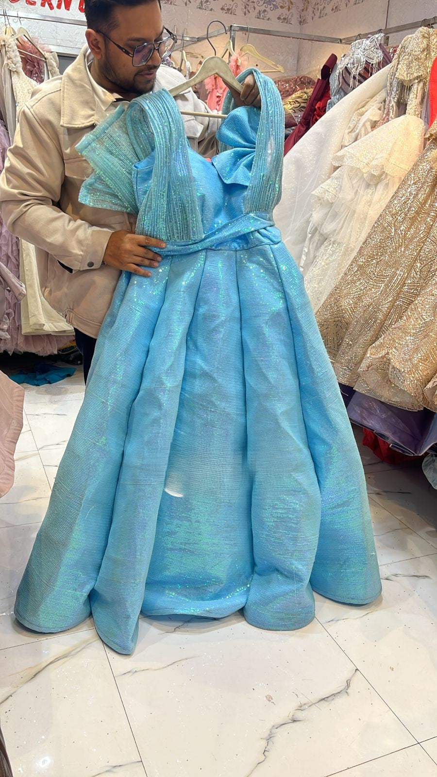 Sky Blue Holographic Shimmer Ball Gown with Structured Ruffle Shoulders - Designer Cocktail Dress