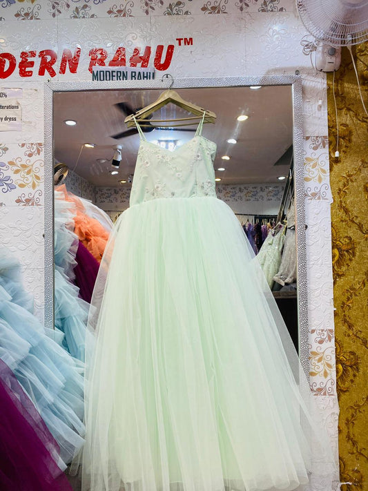 Ethereal Mint Green Tulle Ball Gown with Floral Applique Bodice –  Party Wear