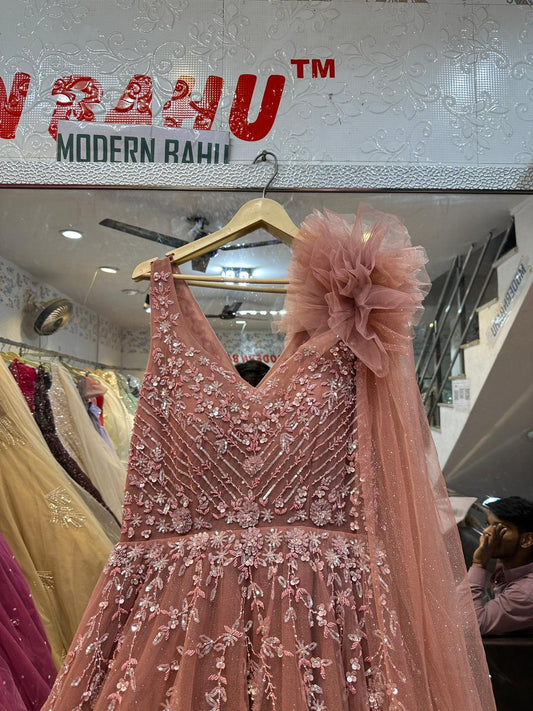 Dreamy Dusty Pink Gown with Statement 3D Flower & Attached Drape – Engagement & Reception Wear