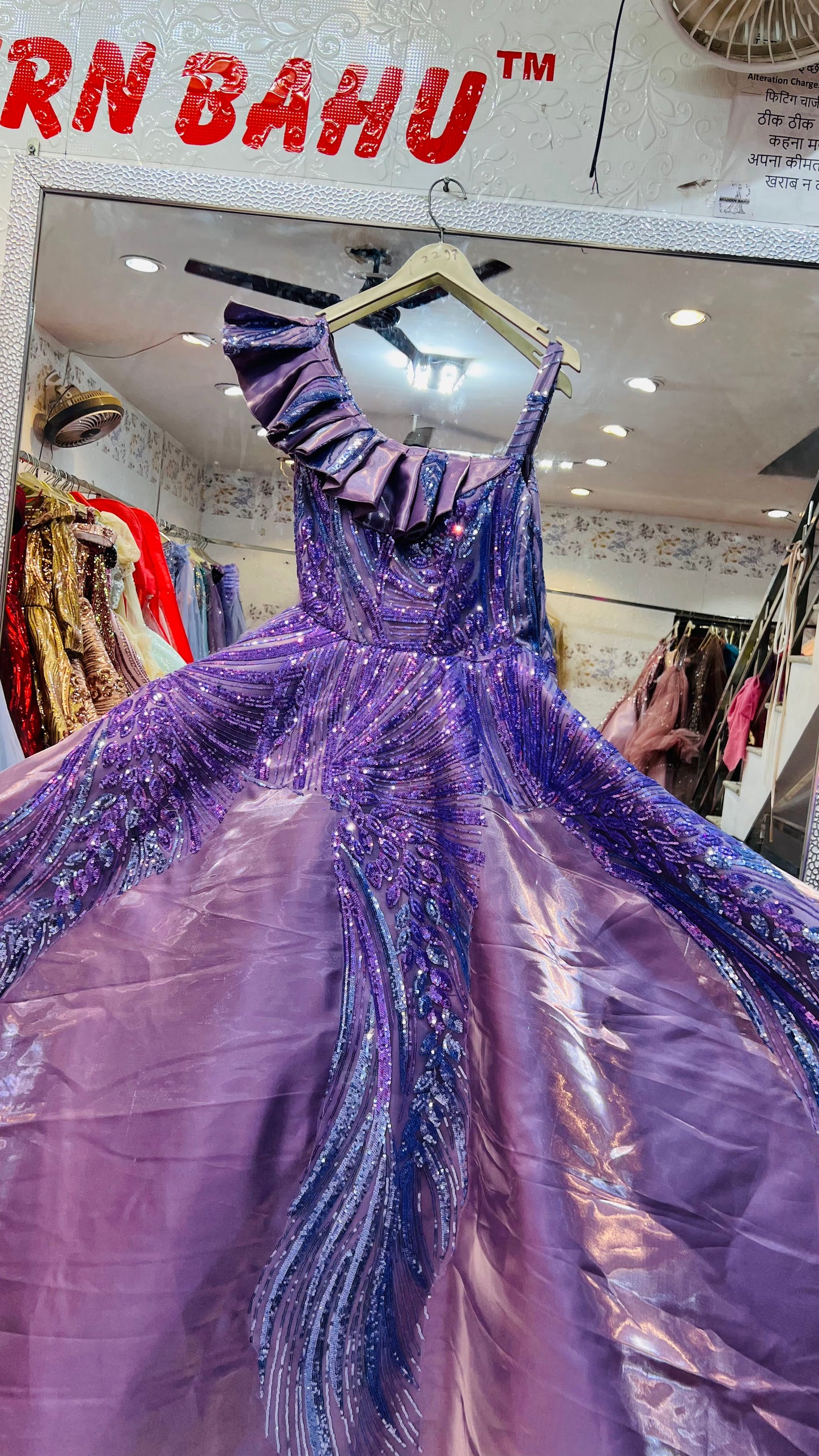 Lavender Purple Sequin Gown with Artistic Wing Pattern Embroidery - Party Wear