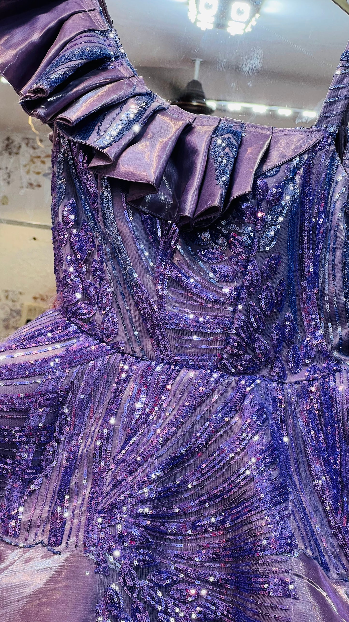 Lavender Purple Sequin Gown with Artistic Wing Pattern Embroidery - Party Wear