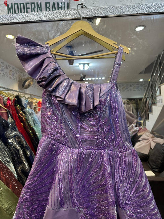 Metallic Purple One-Shoulder Sequin Ball Gown – Ruffled Strap Evening Party Dress