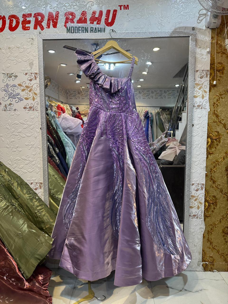 Metallic Purple One-Shoulder Sequin Ball Gown – Ruffled Strap Evening Party Dress