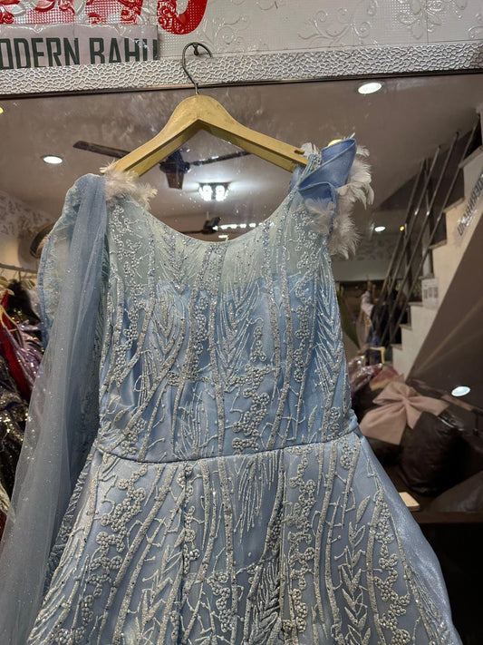 Icy Blue Feather-Shoulder Ball Gown – Silver Sequin Embroidered Evening Dress with Cape Drape