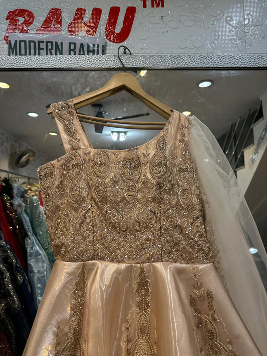 Peach Champagne Satin Ball Gown – Heavy Stone Work Square Neck Party Dress with Sheer Cape