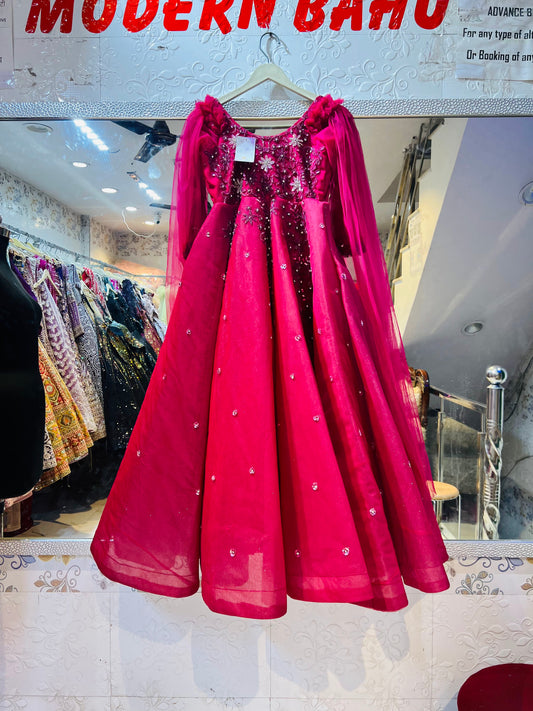 Rani Pink Stone and Sequin Embellished Long Sleeve Ball Gown – Designer Party Wear