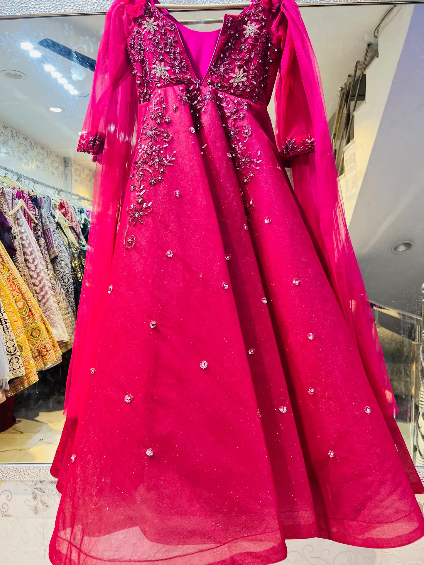 Rani Pink Stone and Sequin Embellished Long Sleeve Ball Gown – Designer Party Wear