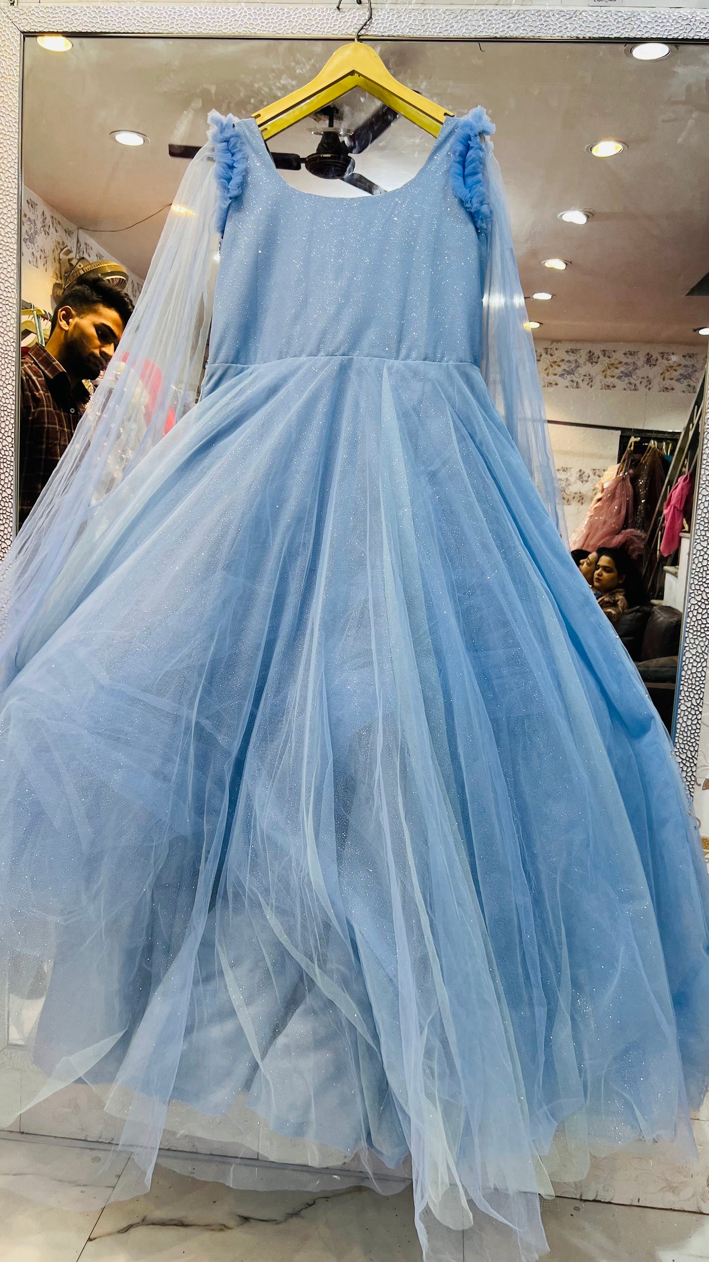 Fairytale Sky Blue Tulle Ball Gown with Ruffled Straps & Attached Cape   MODERN BAHU