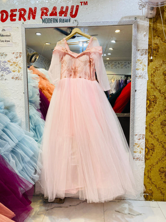 Baby Pink Cold-Shoulder Tulle Gown with Sequin Floral Embroidery – Evening & Party Wear