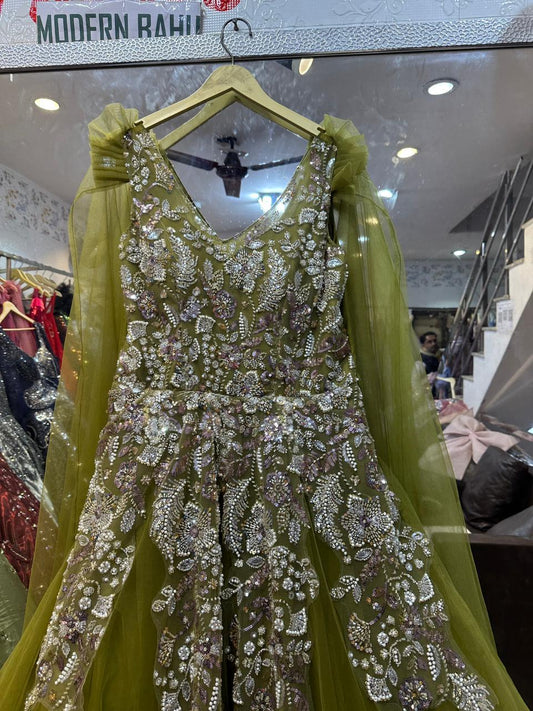 Olive Green Heavy Embroidered Cape Gown – Floral Sequin Net Party Dress with Floor-Length Drapes