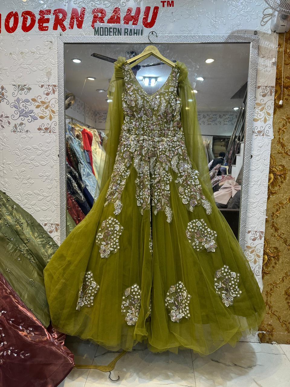 Olive Green Heavy Embroidered Cape Gown – Floral Sequin Net Party Dress with Floor-Length Drapes