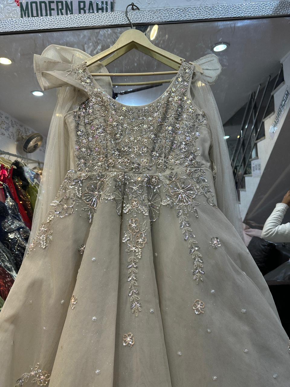 Champagne Beige Floral Sequin Ball Gown – Ruffled Cold Shoulder Cape Sleeve Party Dress