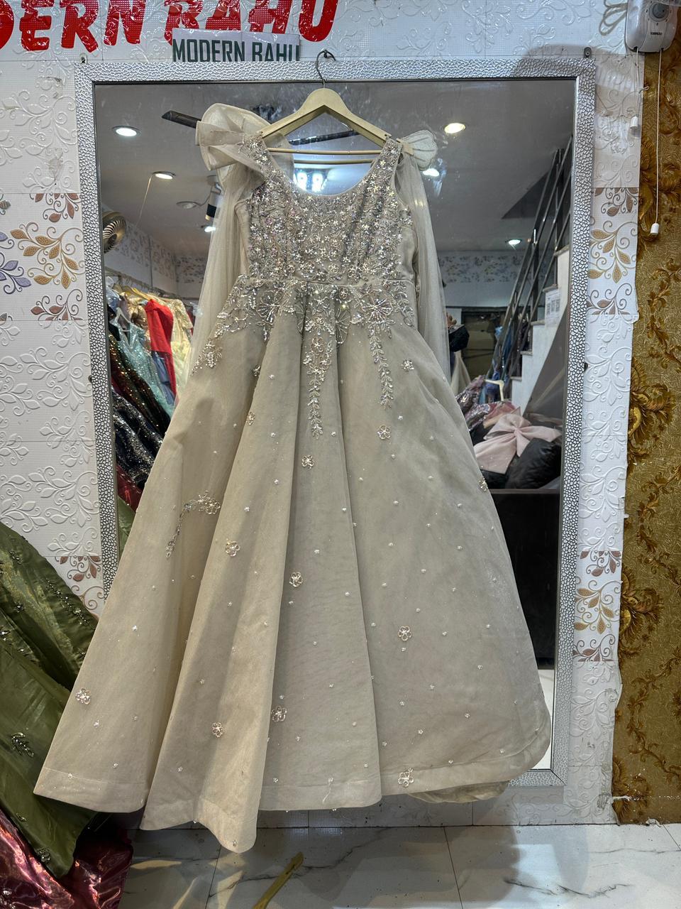 Champagne Beige Floral Sequin Ball Gown – Ruffled Cold Shoulder Cape Sleeve Party Dress