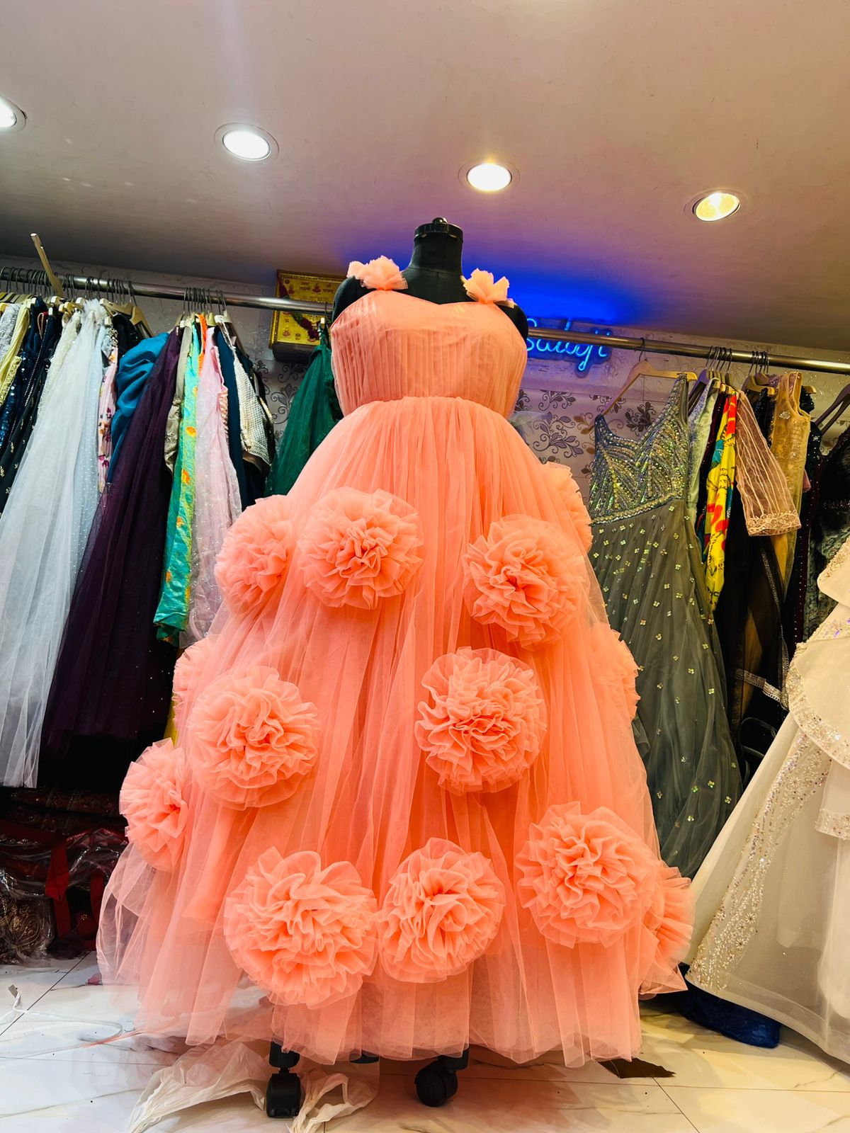 Dreamy Peach Tulle Ball Gown with Oversized 3D Floral Ruffles – Princess Party Wear