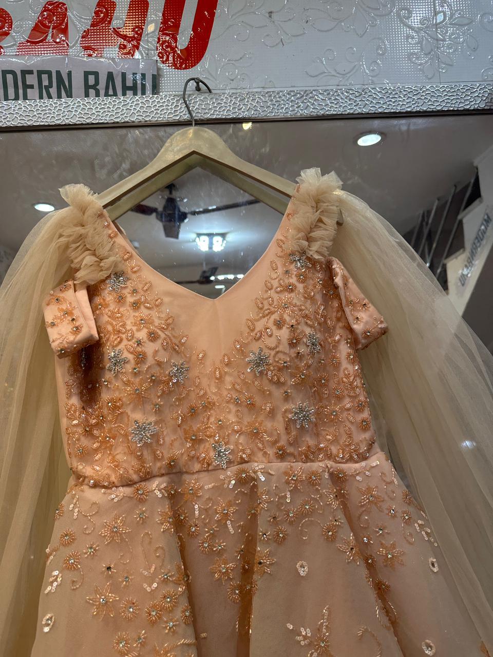 Peach Soft Apricot Cold-Shoulder Ball Gown – Floral Sequin Net Party Dress with Ruffled Cape Sleeves