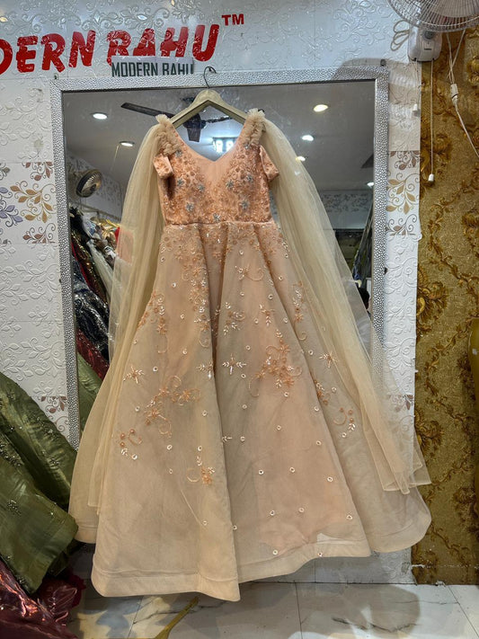 Peach Soft Apricot Cold-Shoulder Ball Gown – Floral Sequin Net Party Dress with Ruffled Cape Sleeves