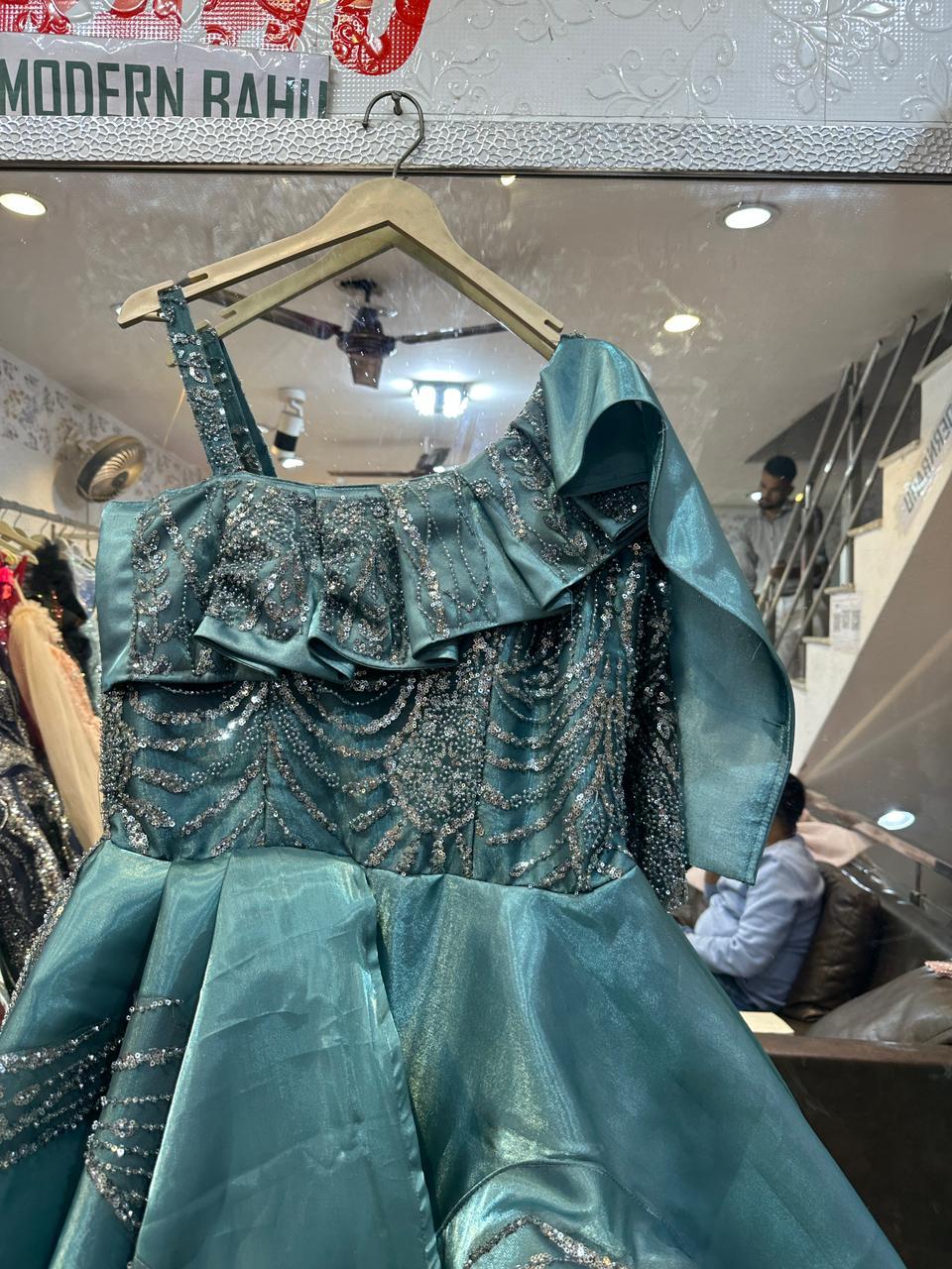 Teal Green One-Shoulder Ruffle Ball Gown – Sequin Embroidered Asymmetric Evening Dress